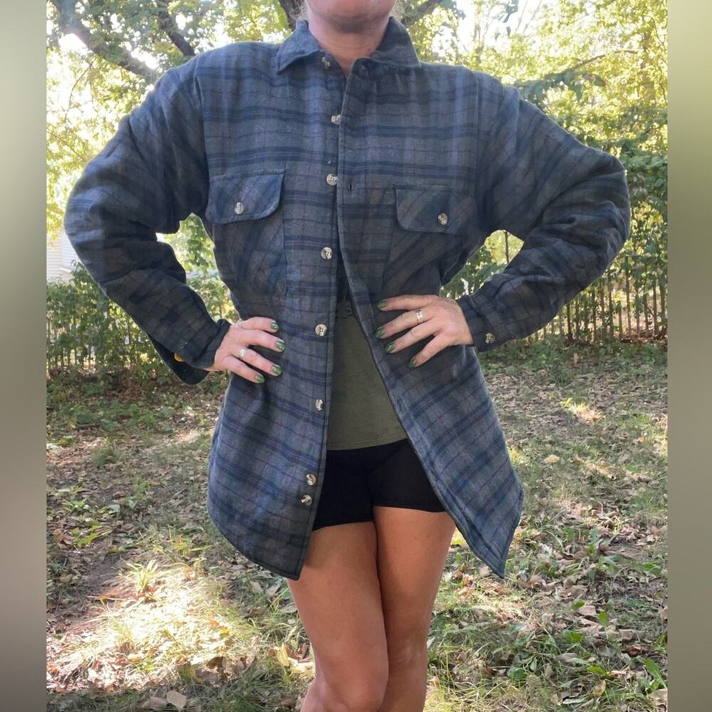 Vintage Dark Green Blue Plaid Flannel Quilted Long Sleeve Shirt Shacket MEDIUM